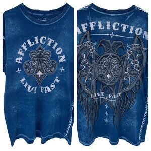 Y2K Blue Affliction Distressed Graphic T Shirt XL Grunge Double Sided Live Fast